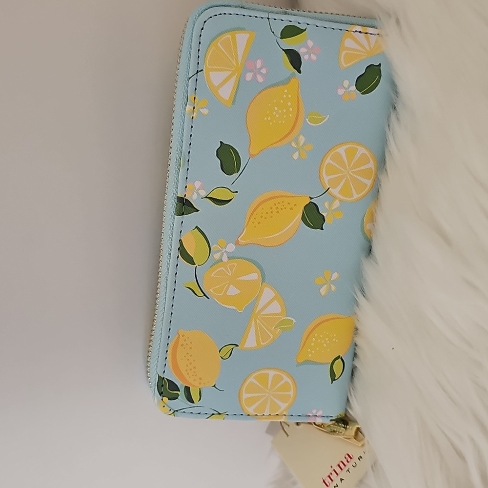Bright Yellow Trina Turk Lemon Print Blue Yellow Zip Around Wallet π NWT - Picture 2 of 12